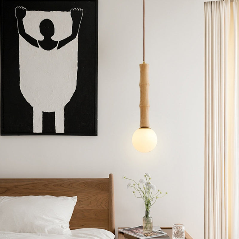 Zeitgenössische Retro-Zylinder-Bambusform Massivholz 1-Licht Pendelleuchte für Wohnzimmer 