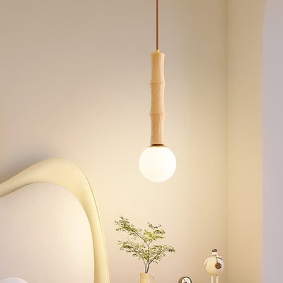 Zeitgenössische Retro-Zylinder-Bambusform Massivholz 1-Licht Pendelleuchte für Wohnzimmer 