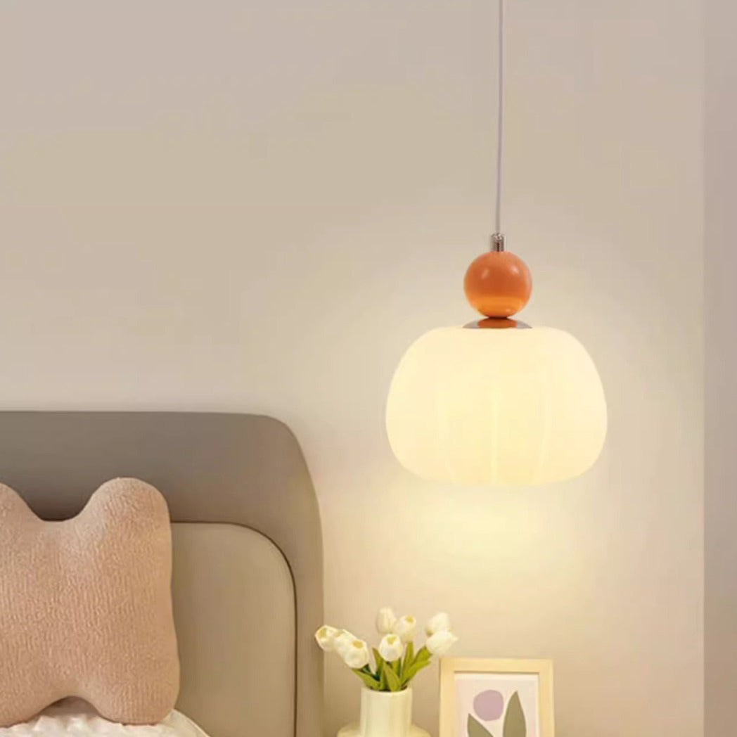 Zeitgenössische nordische runde Kürbisform Eisen Kunststoffschirm 1-Licht Pendelleuchte für Schlafzimmer 