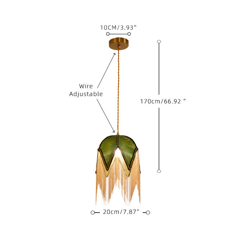 Zeitgenössische Retro-Blatt-Schirmform Quaste Eisen Stoff 1-Licht Pendelleuchte für Wohnzimmer 