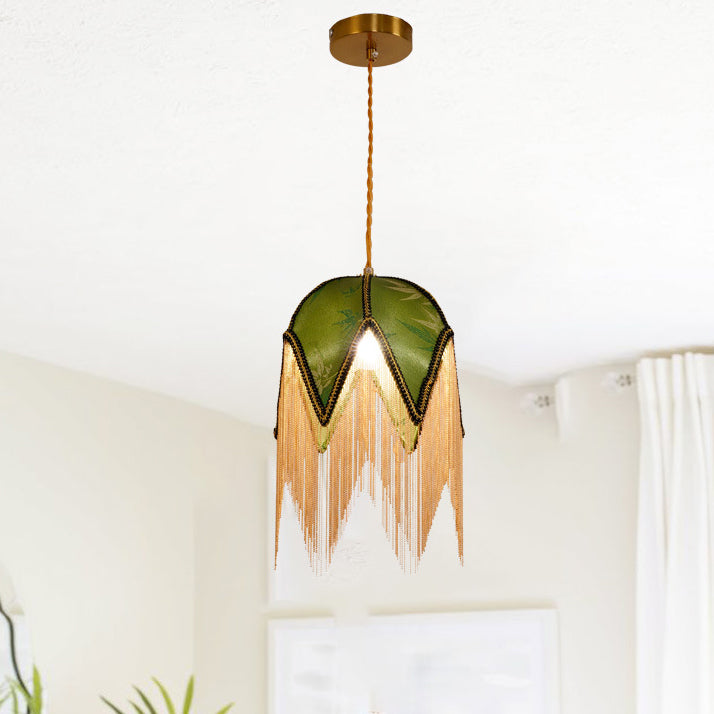 Zeitgenössische Retro-Blatt-Schirmform Quaste Eisen Stoff 1-Licht Pendelleuchte für Wohnzimmer 