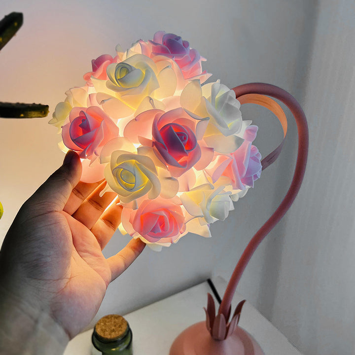 Lampe de table à 1 lumière avec tuyau en fer et bouquet de roses créatif contemporain pour chambre 