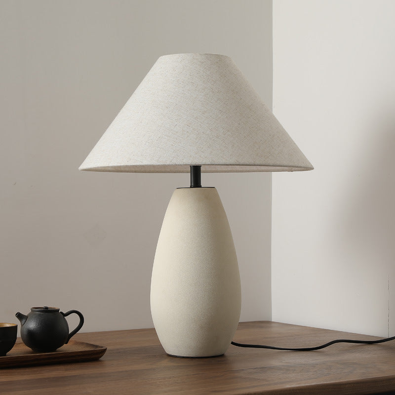 Traditional Japanese Cylinder Ceramic Jar Fabric 1-Light Table Lamp For Bedroom