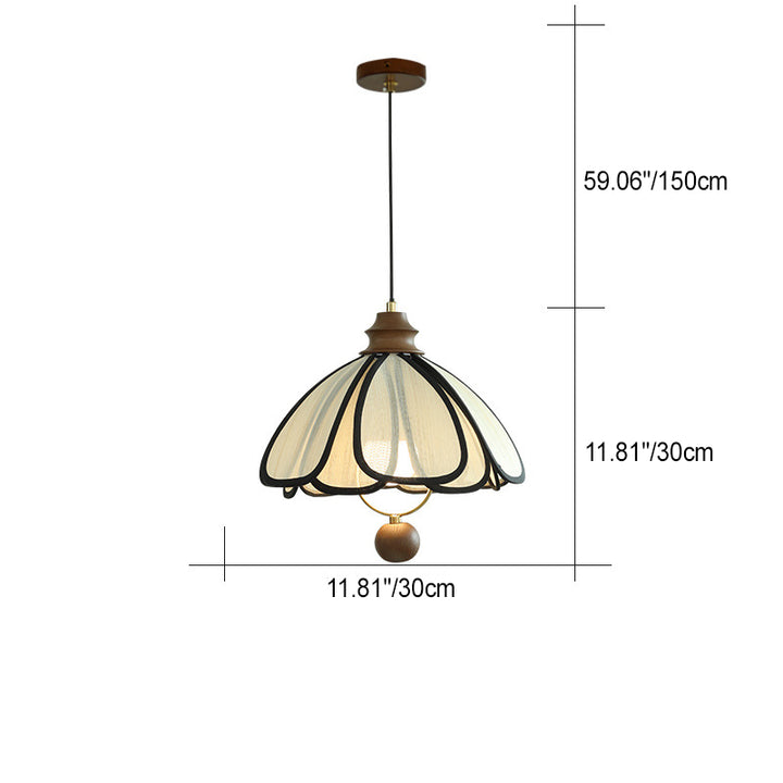 Lustre Suspendu Traditionnel Français en Bois Rond à Pétales en Fer et Tissu à 1 Lumière pour Salon 