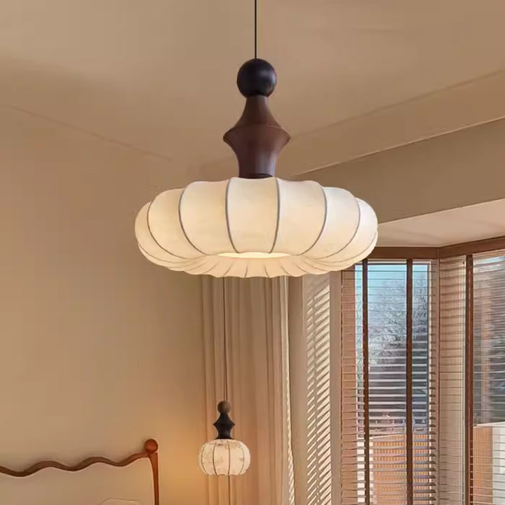 Traditional French Circle Iron Wood Frame Silk Shade 1-Light Pendant Light For Living Room