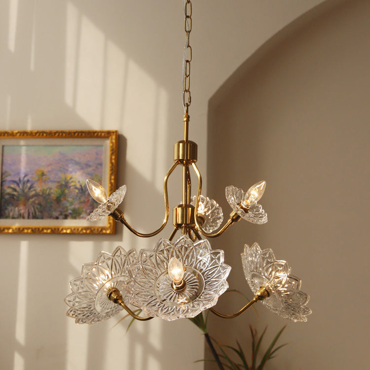 Traditional French Branch Flower Iron Frame Glass Shade 4/6-Light Chandelier For Living Room