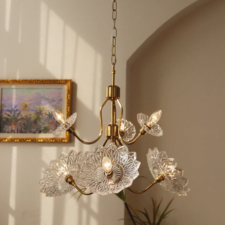 Traditional French Branch Flower Iron Frame Glass Shade 4/6-Light Chandelier For Living Room