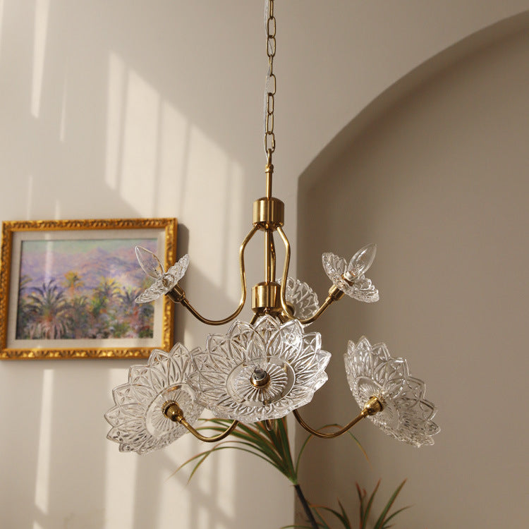 Traditional French Branch Flower Iron Frame Glass Shade 4/6-Light Chandelier For Living Room