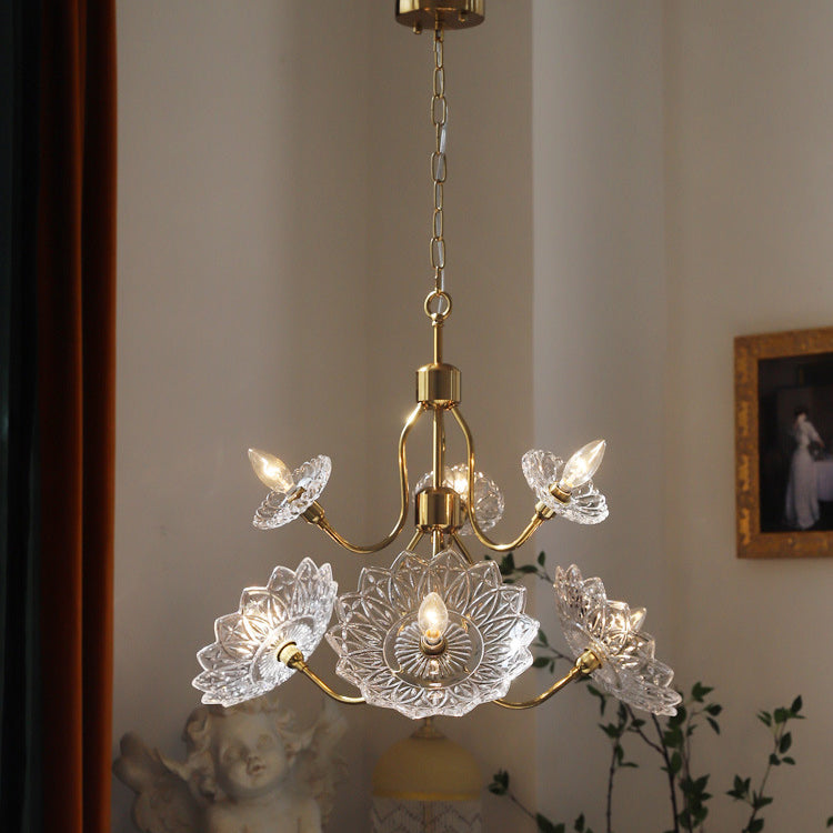 Traditional French Branch Flower Iron Frame Glass Shade 4/6-Light Chandelier For Living Room