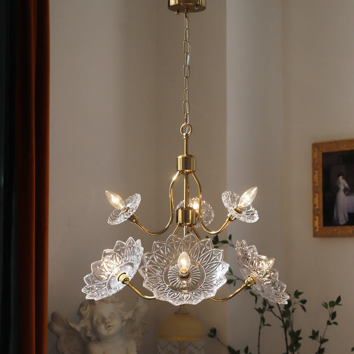 Traditional French Branch Flower Iron Frame Glass Shade 4/6-Light Chandelier For Living Room
