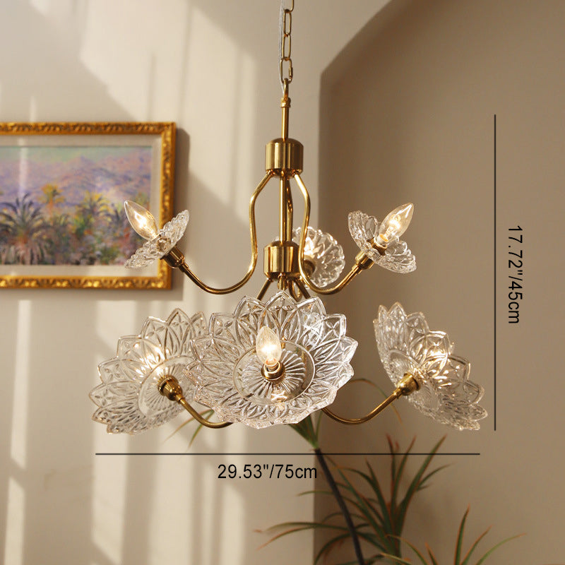 Traditional French Branch Flower Iron Frame Glass Shade 4/6-Light Chandelier For Living Room