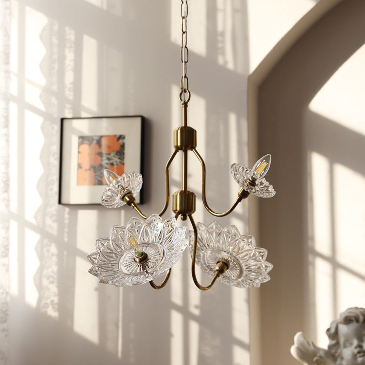 Traditional French Branch Flower Iron Frame Glass Shade 4/6-Light Chandelier For Living Room