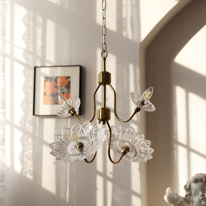 Traditional French Branch Flower Iron Frame Glass Shade 4/6-Light Chandelier For Living Room