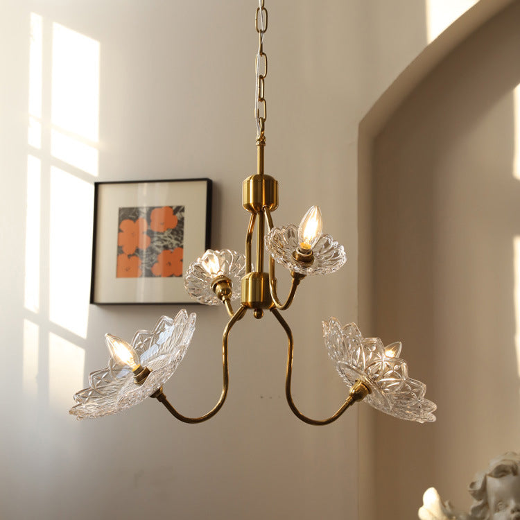 Traditional French Branch Flower Iron Frame Glass Shade 4/6-Light Chandelier For Living Room