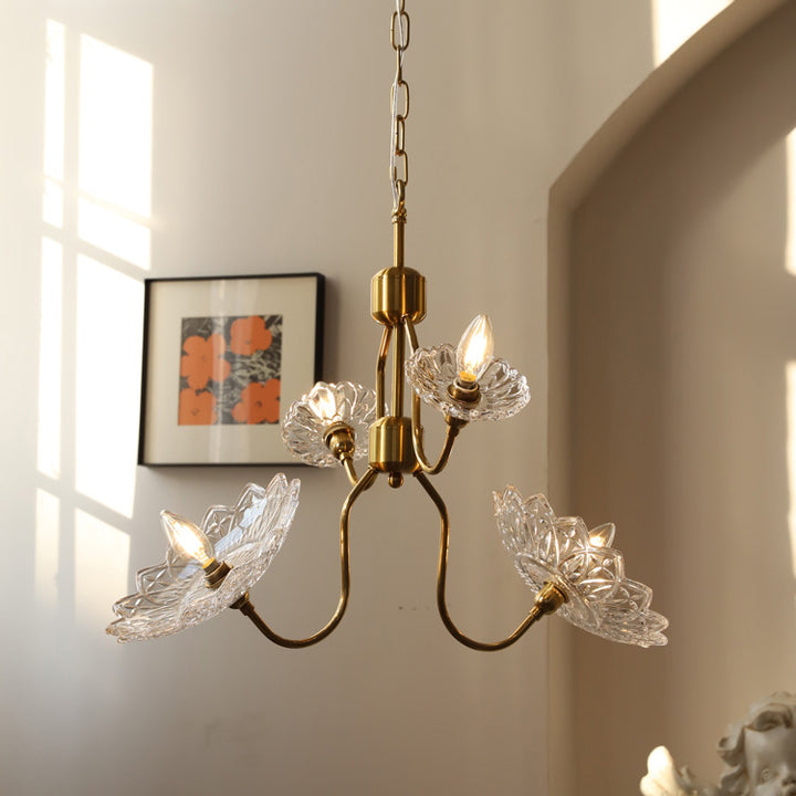 Traditional French Branch Flower Iron Frame Glass Shade 4/6-Light Chandelier For Living Room