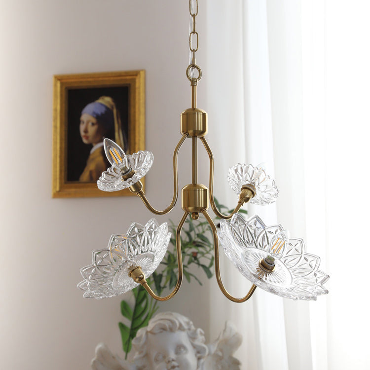 Traditional French Branch Flower Iron Frame Glass Shade 4/6-Light Chandelier For Living Room