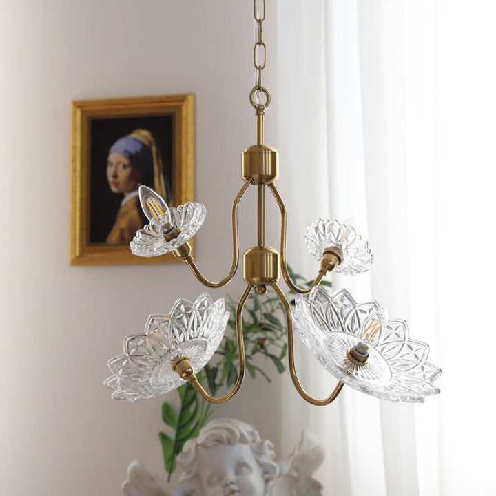 Traditional French Branch Flower Iron Frame Glass Shade 4/6-Light Chandelier For Living Room