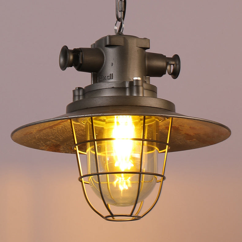 Zeitgenössische industrielle runde Eisenkäfig-Glas 1-Licht Pendelleuchte für Wohnzimmer 