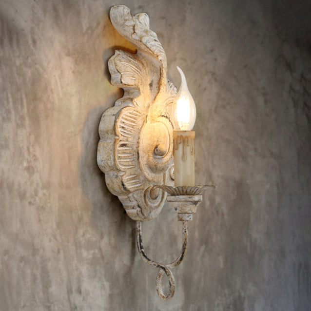 Traditional Vintage Leaf Shape Candelabra Iron Solid Wood 1-Light Wall Sconce Lamp For Bedroom