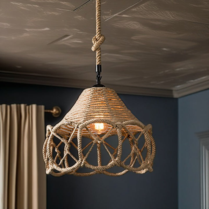 Lustre suspendu 1 lumière en forme de grenier à cône de maison rustique traditionnelle en fer et corde de chanvre pour salon 