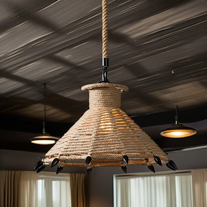 Lustre suspendu 1 lumière en forme de grenier à cône de maison rustique traditionnelle en fer et corde de chanvre pour salon 
