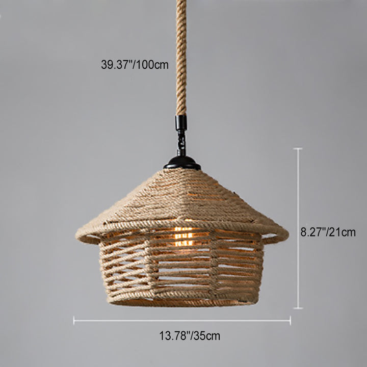 Lustre suspendu 1 lumière en forme de grenier à cône de maison rustique traditionnelle en fer et corde de chanvre pour salon 