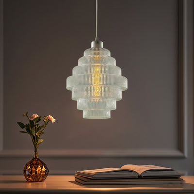 Zeitgenössische französische mehrstufige Kreiszylinder-Glaslampe Eisen 1-Licht-Pendelleuchte für Wohnzimmer 