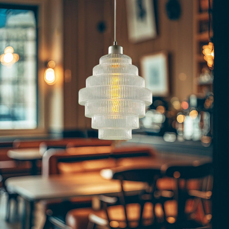 Zeitgenössische französische mehrstufige Kreiszylinder-Glaslampe Eisen 1-Licht-Pendelleuchte für Wohnzimmer 