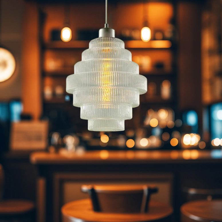 Zeitgenössische französische mehrstufige Kreiszylinder-Glaslampe Eisen 1-Licht-Pendelleuchte für Wohnzimmer 