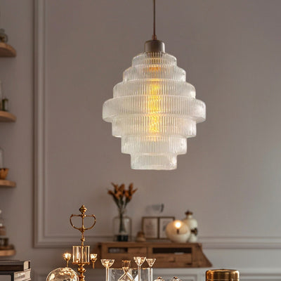 Zeitgenössische französische mehrstufige Kreiszylinder-Glaslampe Eisen 1-Licht-Pendelleuchte für Wohnzimmer 