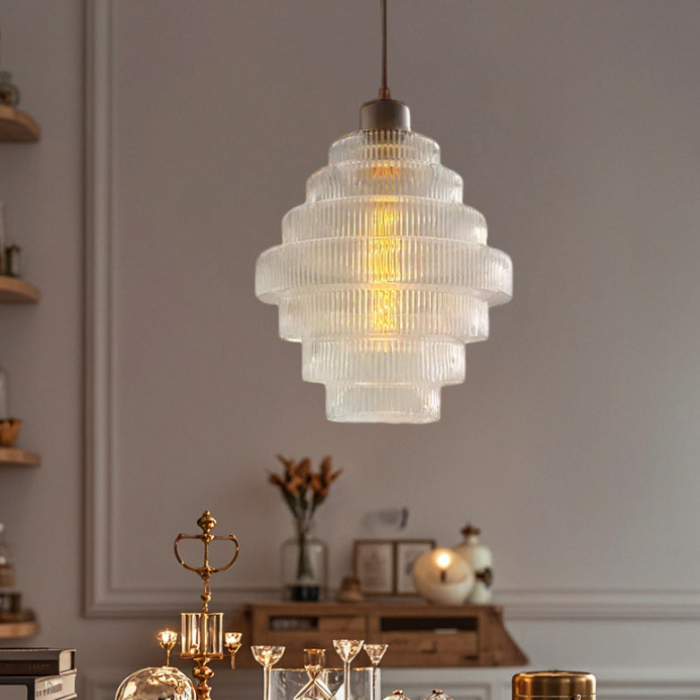 Zeitgenössische französische mehrstufige Kreiszylinder-Glaslampe Eisen 1-Licht-Pendelleuchte für Wohnzimmer 