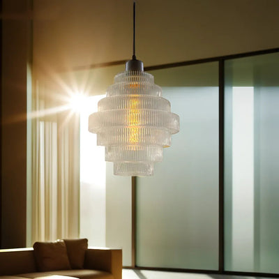 Zeitgenössische französische mehrstufige Kreiszylinder-Glaslampe Eisen 1-Licht-Pendelleuchte für Wohnzimmer 