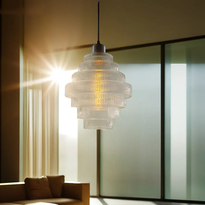 Zeitgenössische französische mehrstufige Kreiszylinder-Glaslampe Eisen 1-Licht-Pendelleuchte für Wohnzimmer 