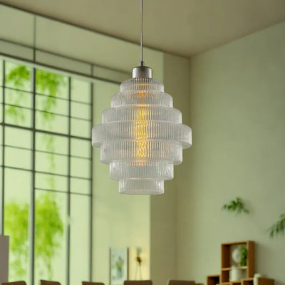 Zeitgenössische französische mehrstufige Kreiszylinder-Glaslampe Eisen 1-Licht-Pendelleuchte für Wohnzimmer 
