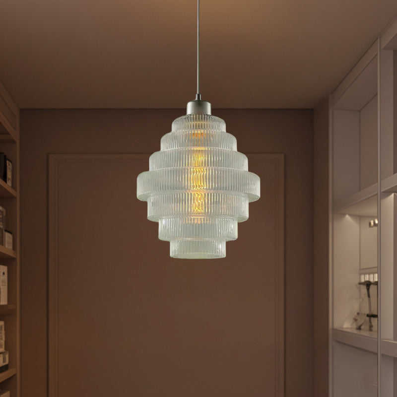 Zeitgenössische französische mehrstufige Kreiszylinder-Glaslampe Eisen 1-Licht-Pendelleuchte für Wohnzimmer 