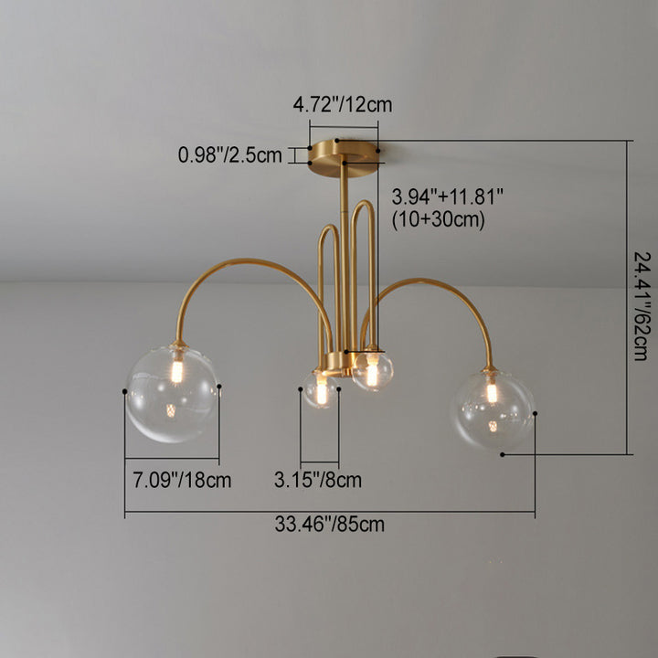 Lustre Contemporain Nordique à Tige Courbée Branche Orbe en Verre Cuivré 4/6/8 Lumières Pour Salon 