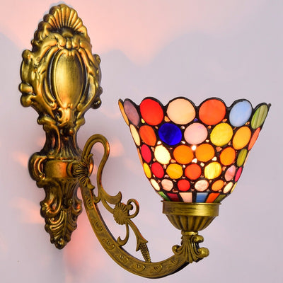 Traditional Tiffany Carved Curved Pole Cone Stained Glass Iron 1-Light Wall Sconce Lamp For Living Room
