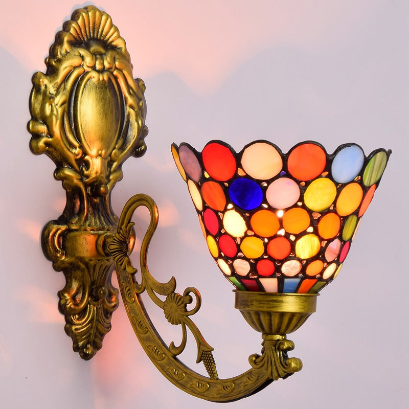 Traditional Tiffany Carved Curved Pole Cone Stained Glass Iron 1-Light Wall Sconce Lamp For Living Room