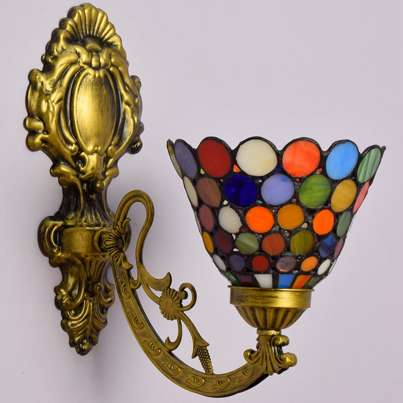 Traditional Tiffany Carved Curved Pole Cone Stained Glass Iron 1-Light Wall Sconce Lamp For Living Room
