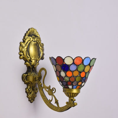 Traditional Tiffany Carved Curved Pole Cone Stained Glass Iron 1-Light Wall Sconce Lamp For Living Room
