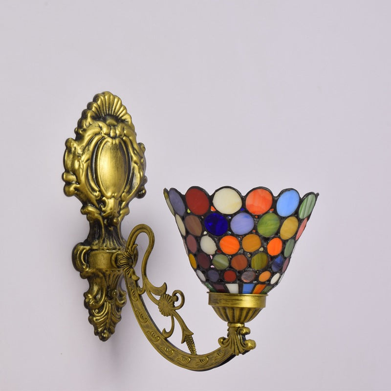 Traditional Tiffany Carved Curved Pole Cone Stained Glass Iron 1-Light Wall Sconce Lamp For Living Room