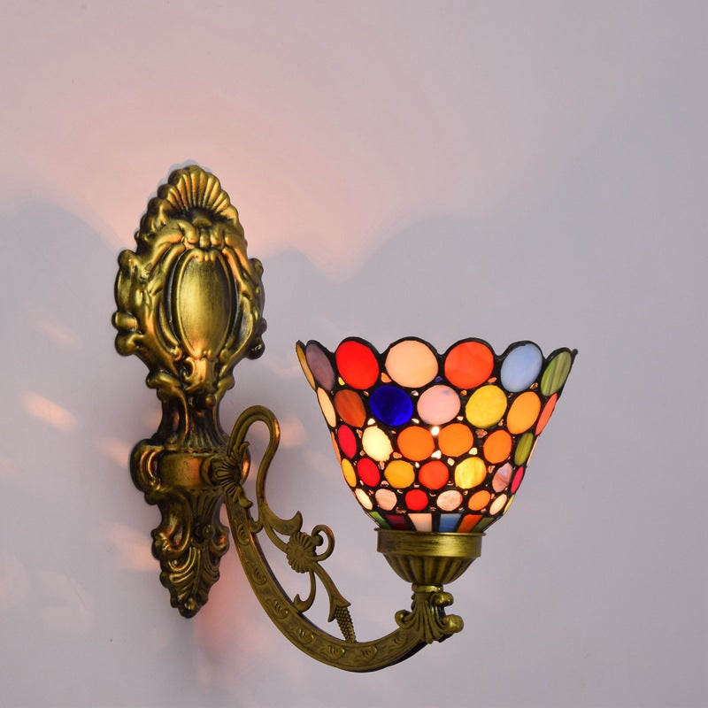 Traditional Tiffany Carved Curved Pole Cone Stained Glass Iron 1-Light Wall Sconce Lamp For Living Room