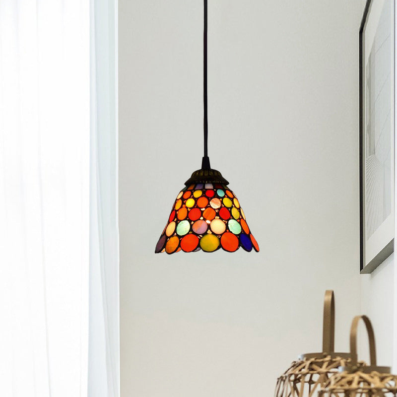 Traditional Tiffany Polka Dot Cone Iron Stained Glass 1-Light Pendant Light For Bedroom