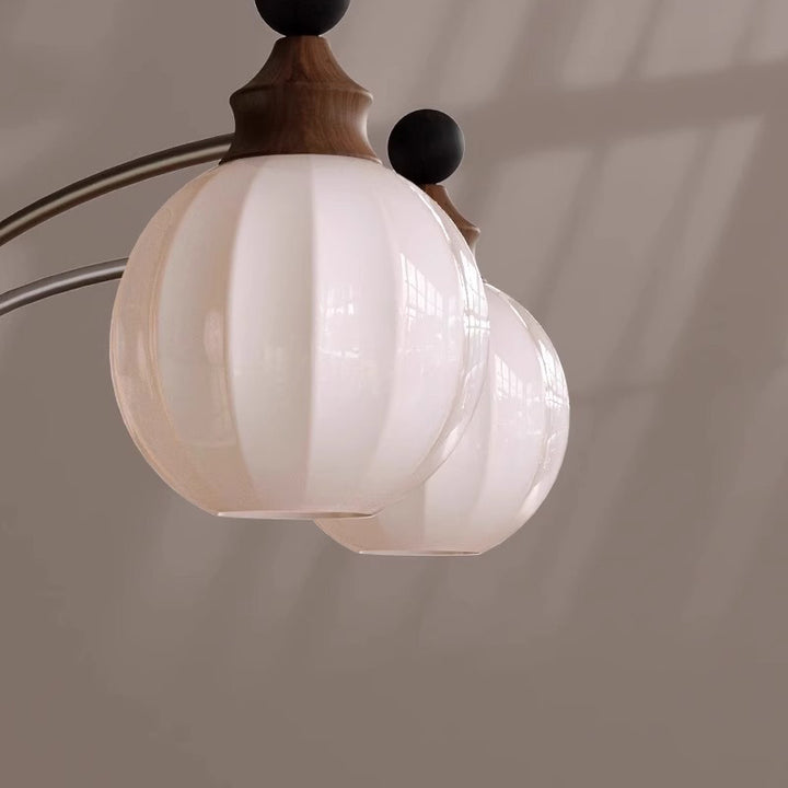 Rama de vidrio contemporánea retro con pantalla de vidrio en forma de orbe, marco de hardware de madera, lámpara de araña de 3/5/8 luces para sala de estar 
