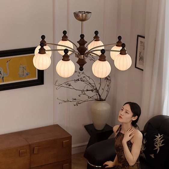 Rama de vidrio contemporánea retro con pantalla de vidrio en forma de orbe, marco de hardware de madera, lámpara de araña de 3/5/8 luces para sala de estar 