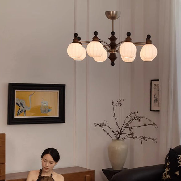 Rama de vidrio contemporánea retro con pantalla de vidrio en forma de orbe, marco de hardware de madera, lámpara de araña de 3/5/8 luces para sala de estar 