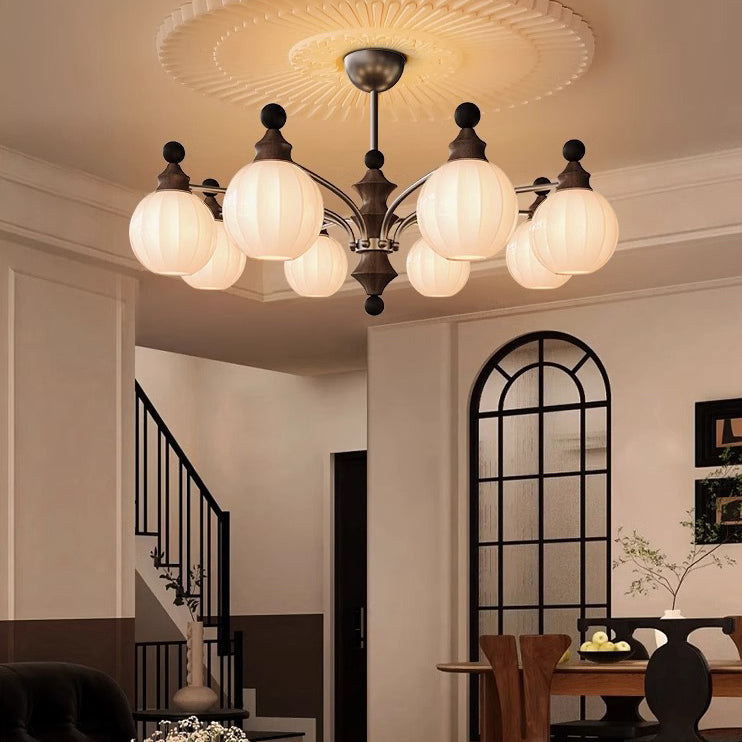 Rama de vidrio contemporánea retro con pantalla de vidrio en forma de orbe, marco de hardware de madera, lámpara de araña de 3/5/8 luces para sala de estar 