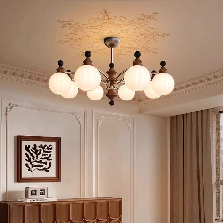 Rama de vidrio contemporánea retro con pantalla de vidrio en forma de orbe, marco de hardware de madera, lámpara de araña de 3/5/8 luces para sala de estar 