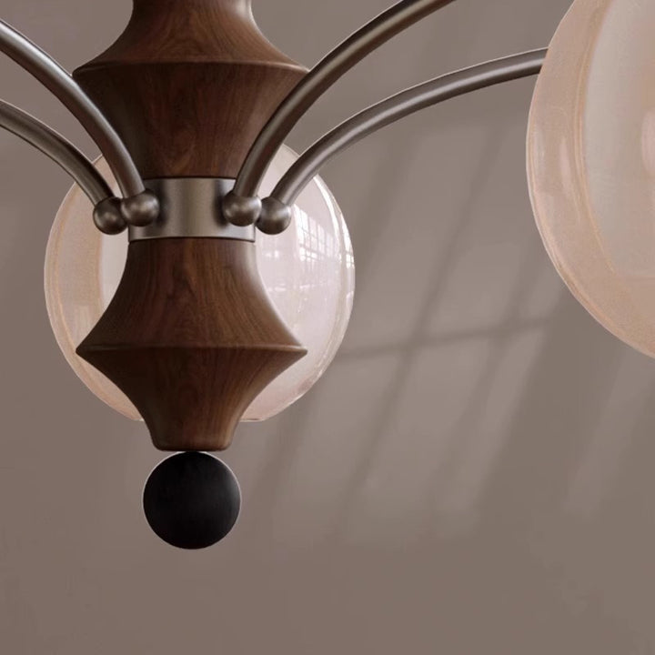 Rama de vidrio contemporánea retro con pantalla de vidrio en forma de orbe, marco de hardware de madera, lámpara de araña de 3/5/8 luces para sala de estar 