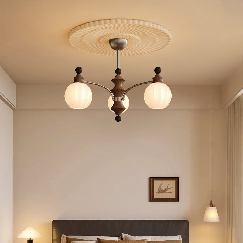 Rama de vidrio contemporánea retro con pantalla de vidrio en forma de orbe, marco de hardware de madera, lámpara de araña de 3/5/8 luces para sala de estar 